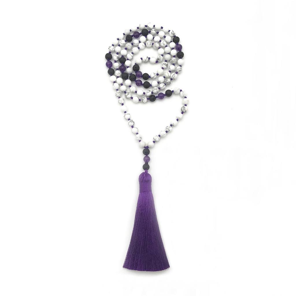 Howlite, Lava, and Fluorite Mala Necklace